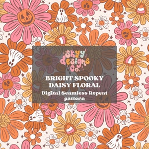 Boho spooky Halloween floral digital file seamless pattern for fabrics and wallpapers, Halloween daisy floral pattern, spooky digital paper