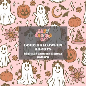 ハロウィーン用のボヘミアン ゴースト シームレス パターン デザイン、デジタル ダウンロード シームレス リピート ハロウィーン パターン、ボヘミアン ハロウィーン シームレス ファブリック