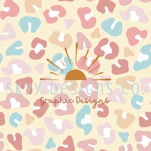 May include: A seamless pattern featuring a pale yellow background with a repeating pattern of pink, blue, and beige abstract shapes. The pattern includes a stylised sun with rays in the centre of the image. The text "Sky Designs Co. Graphic Designs" is at the bottom of the image.