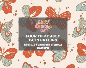 Fourth of July butterflies digital seamless pattern for fabrics and wallpapers, July butterflies repeat pattern, Digital paper butterflies