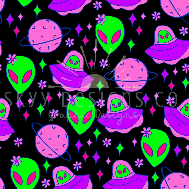 Girly alien UFO digital seamless pattern for fabrics and wallpapers, Alien UFO digital paper pattern, Seamless pattern Outer space girly image 1