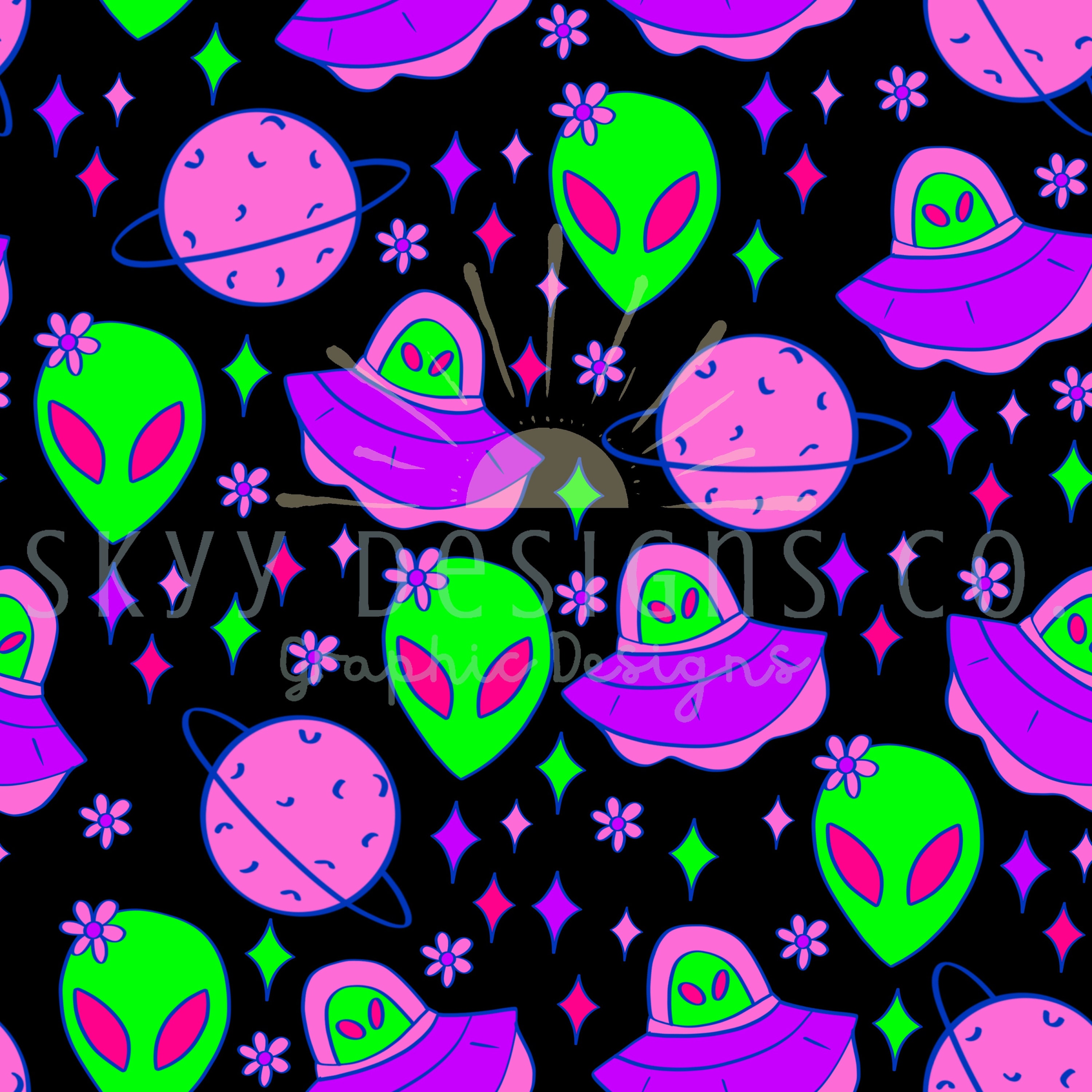Vetor de Cosmic background. UFO, alien in love seamless pattern in doodle  style. Children's contour illustrations with Flying Saucers. Print sample  for fabric, wallpaper do Stock