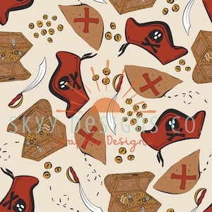 Könnte beinhalten: Ein nahtloses Muster mit beigefarbenem Hintergrund, braunen Schatztruhen, roten Piratenhüten, braunen Beuteln mit einem Kreuz und goldenen Münzen. Das Muster ist perfekt für Stoff, Tapete oder Geschenkpapier.