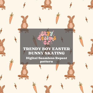 Trendy Boys Easter Bunnies digital seamless pattern for fabrics, Boy Easter repeat pattern paper et Skateboarding digital Download Boys Easter