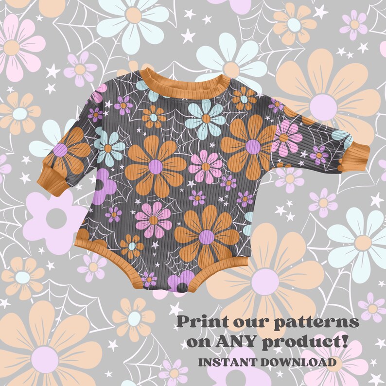 May include: A gray baby onesie with a pattern of orange, pink, and blue flowers and a spiderweb design. The onesie has a brown trim around the neck and the bottom. The text "Print our patterns on ANY product! INSTANT DOWNLOAD" is at the bottom of the image.