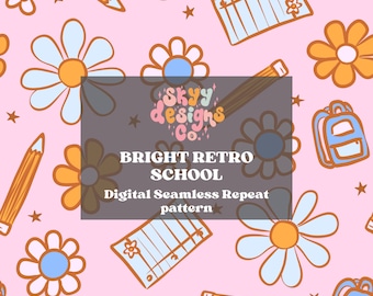 Retro bright school digital seamless pattern for fabrics and wallpapers, Bright school floral digital paper pattern file, pastel seamless