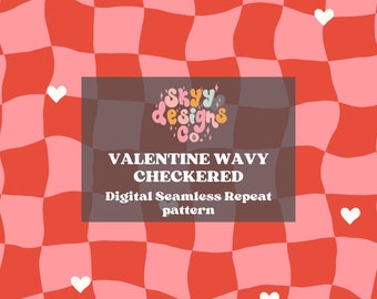 Retro Wavy Checkered Hearts Seamless Pattern, Valentine Pattern Paper Digital Download