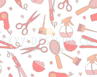 Hair Stylist Supplies Seamless Pattern for Hairdressers, Haircut Pattern Paper Digital Download