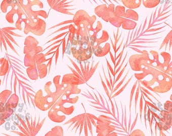 Watercolor Tropical Leaves Seamless Pattern for Summer, Preppy Beach Pattern Paper Digital Download