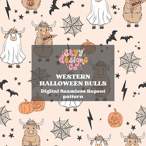 Western spooky cows and ghosts Halloween digital seamless pattern for fabrics and wallpapers, Western Halloween digital paper file