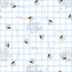 May include: A repeating pattern of cartoon bees with black and yellow stripes, flying across a light blue and white gingham background. The bees are outlined in black and have small wings. The dotted lines indicate their flight paths.