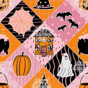May include: A repeating pattern featuring Halloween-themed illustrations. The design includes a pumpkin, witch's hat, spiderweb, bats, a ghost, and a house, all set against a backdrop of orange, pink, and black geometric shapes.