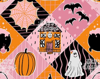 Trendy Halloween Patchwork Muster, gruseliger Geist Nahtloses Design (PNG, JPEG)
