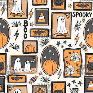 May include: Halloween-themed pattern with various framed illustrations. Includes pumpkins, ghosts on skateboards, bats, spiderwebs, candy, and the word "SPOOKY". The color palette features orange, black, and cream.