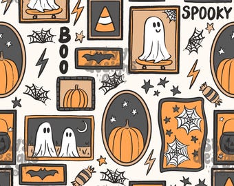 May include: A Halloween-themed pattern featuring framed illustrations of pumpkins, ghosts, bats, spiderwebs, and candy. The word "SPOOKY" is visible. The design uses orange, black, and cream colours.