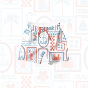May include: White swim trunks with a blue and red nautical pattern. The pattern includes anchors, sailboats, crabs, and seashells.