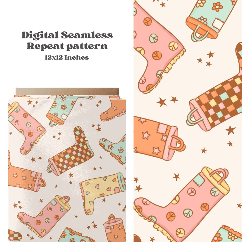 K&ouml;nnte beinhalten: Ein nahtloses sich wiederholendes Muster mit bunten Gummistiefeln mit verschiedenen Designs, darunter Friedenssymbole, Sterne und karierte Muster. Der Hintergrund ist hellbeige mit einer dezenten gesprenkelten Textur. Das Muster ist 12x12 Zoll gro&szlig;.
