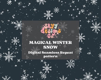 Peut inclure: Un motif numérique sans couture représentant des flocons de neige blancs et des étoiles sur un fond bleu foncé. Le texte "Magical Winter Snow" est affiché dans un cadre blanc avec un logo rose et bleu qui dit "Skyy Designs Co."