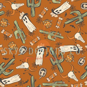 布地や壁紙用の西洋の不気味なサボテンと幽霊のハロウィーン デジタル シームレス パターン、西洋のハロウィーン デジタル ペーパー ファイル