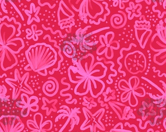 Girly Watercolor Beach Seamless Pattern for Summer, Tropical Hibiscus Floral Pattern Paper Digital Download