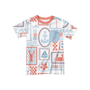 May include: White short-sleeved t-shirt with a blue and red nautical themed pattern. The pattern includes anchors, sailboats, crabs, and lobsters. The shirt has a blue pocket on the left side.