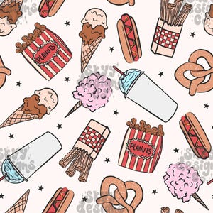 May include: A seamless pattern featuring various carnival and fair food items, including hot dogs, ice cream cones, pretzels, candy floss, chips, peanuts, and a milkshake. The background is white with small white stars.