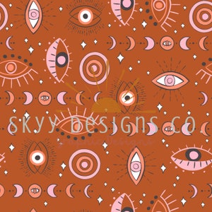 May include: A seamless pattern featuring a repeating design of stylized eyes, moons, and stars on a terracotta background. The eyes are drawn in a modern, abstract style with pink and orange accents. The moons are crescent shaped and the stars are white with a single point.