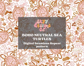 Boho Neutral watercolor sea turtles digital seamless pattern for fabrics, Underwater turtle seamless, Preppy Summer Seamless file Download