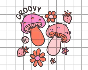 May include: A groovy illustration featuring two pink mushrooms with orange stems, surrounded by pink and orange flowers, strawberries, and a peace sign. The text "GROOVY" is written in pink and orange letters.