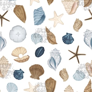 Patrón digital sin costuras de conchas marinas de acuarela náutica, diseño para verano, archivo sin costuras de verano para telas, patrón de playa, uso comercial