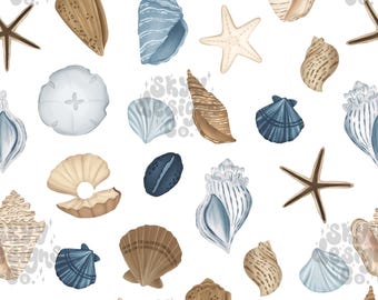 Patrón sin costuras de conchas marinas en acuarela para el verano, descarga digital de papel con estampado náutico de playa