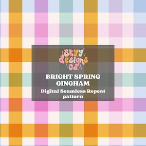 Könnte beinhalten: Ein nahtloses digitales Muster mit einem leuchtenden Frühlings-Gingham-Design mit orangefarbenen, rosa, blauen und grünen Streifen. Das Muster ist mit "BRIGHT SPRING GINGHAM Digital Seamless Repeat pattern" und "Skyy Designs Co." beschriftet.