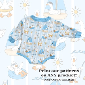 May include: A light blue baby bodysuit with a pattern of cartoon geese in swim rings and sailboats. The bodysuit has blue ribbed trim and long sleeves. The background features a repeating pattern of geese, boats, and suns. Text on the image reads: "Print our patterns on ANY product! INSTANT DOWNLOAD."