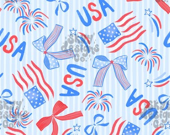 American Flag Coquette Bows Seamless Pattern for Fourth of July, Patriotic Paper Digital Download