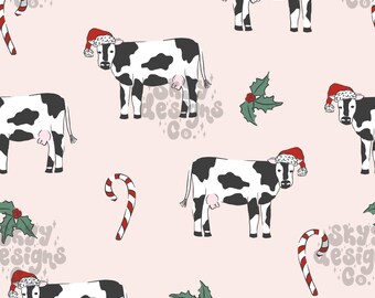 Christmas Cows Seamless Pattern for Winter, Holiday Farm Animals Pattern Paper Digital Download