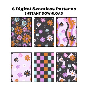 May include: Six digital seamless patterns in a retro style with a variety of designs including flowers, stars, ghosts, and checkerboard patterns. The patterns are in shades of pink, purple, orange, and black.