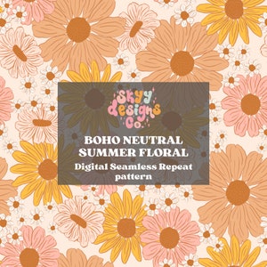 Boho summer floral digital seamless pattern for fabrics and wallpapers, Boho floral digital paper file for summer, Bright Summer Sunflower