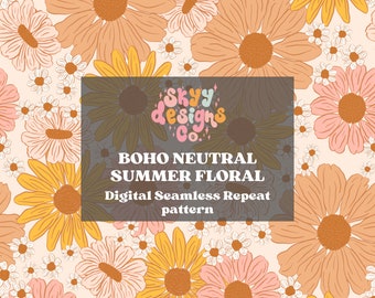 Boho Sunflower Seamless Pattern for Spring and Summer, Wildflower Paper for Fabrics Digital Download