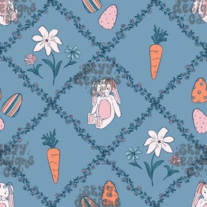 Pode incluir: Padrão repetitivo com ilustrações temáticas de Páscoa sobre fundo azul. O design inclui coelhos de desenho animado, cenouras, ovos decorados e flores. Os elementos são dispostos em uma treliça de vinhas florais, criando um visual festivo.