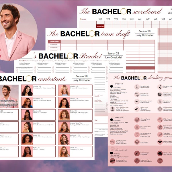 Season 28 Bachelor Bracket | Joey Graziadei | Personal Brackets and Team Drafts | Contestant List with Notes | Drinking Game