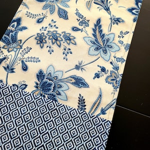 Reversible Table Runner - Blue - Cream - Khaki - Flowers - Table Cloth - White - Floral - Table Decor - Buffet Table Runner - Geometric