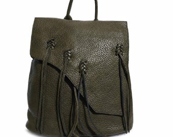 Olive Green Fringe Backpack Purse, Faux Leather Boho Backpack, Slouchy Vegan Leather Bag, Asymmetrical Women Backpack, Festival Bag Rucksack