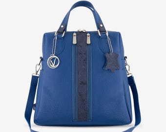 Blue Leather Convertible Backpack, Crossbody, Shoulder Bag