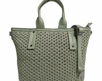 Large Green Tote Bag for Women, Woven Shoulder Bag, Faux Leather Handbag, Summer Beach Bag, Laptop Tote, Everyday Shopper Bag