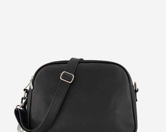 Handmade Black Leather Crossbody Bag, Three-Compartment Handbag