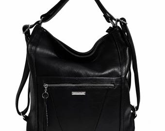 Black Faux Leather Convertible Backpack, Shoulder Bag, Crossbody 2 in 1 Womens Handbag, Soft Slouchy Vegan Bag