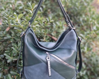 Olive Green Vegan Leather Convertible Backpack – 2-in-1 Shoulder Bag / Backpack with Suede