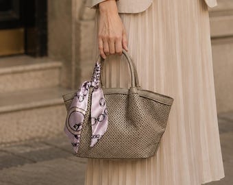 Beige Vegan Leather Handbag with Scarf | Perforated Shoulder Bag | Chic Crossbody Purse