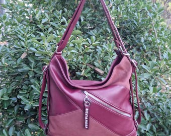 Bordeaux Vegan Leather Convertible Backpack – 2-in-1 Shoulder Bag / Backpack with Suede