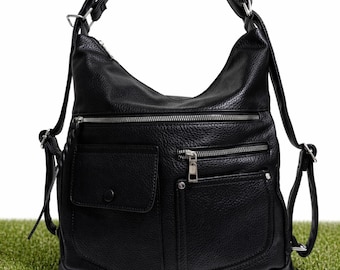 Black Vegan Leather Convertible Backpack Two In One Shoulder Bag